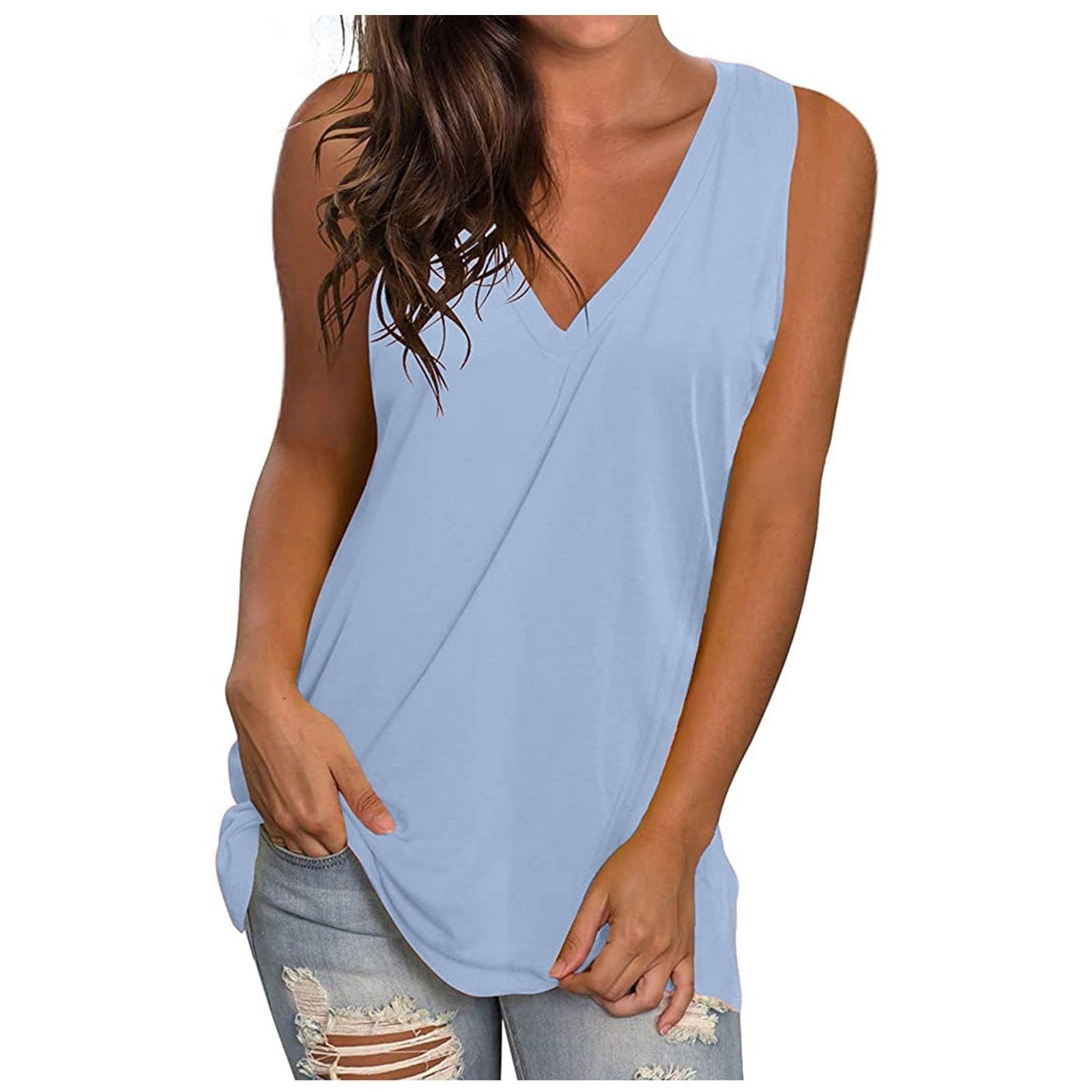 thumbnail image 2 of Camisa sin mangas con cuello en V para mujer para el verano: top informal oversize, poliéster/spandex, moda playera, tallas S-XXXXXL., 2 of 4
